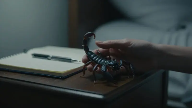 Mano sosteniendo delicadamente un escorpión oscuro en un dormitorio tenuemente iluminado, con un diario de sueños y una pluma sobre una mesita de noche de madera.