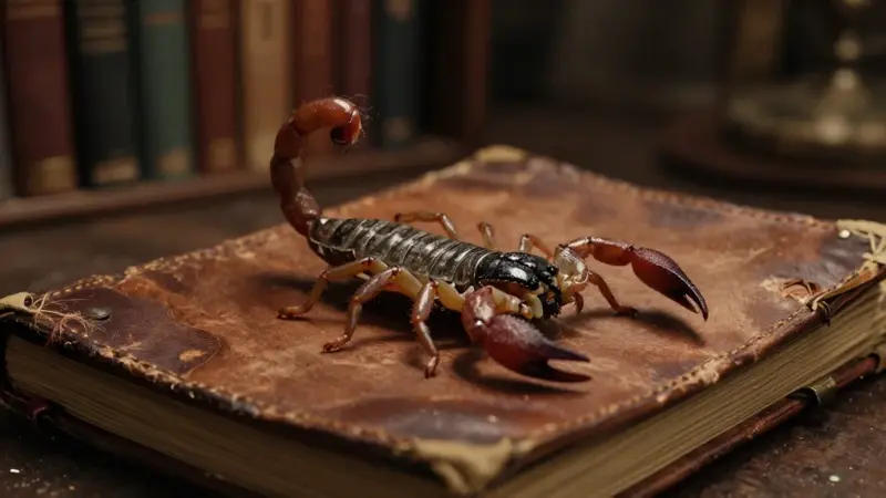 Un escorpión detallado se arrastra sobre un viejo diario de sueños de cuero, en una atmósfera sombría y polvorienta iluminada lateralmente.