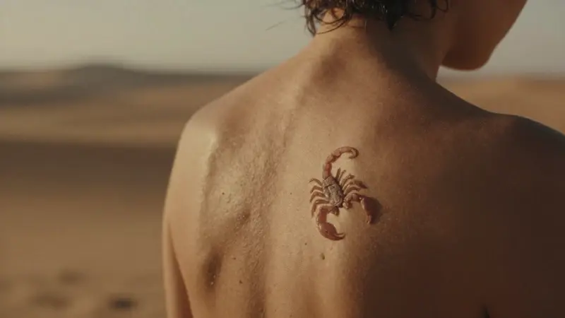 Espalda de una mujer con una cicatriz sutil en forma de escorpión, sobre un paisaje desértico difuminado en tonos ocres y marrones.