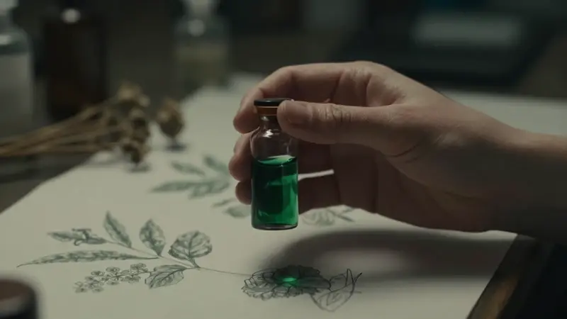 Mano femenina sosteniendo una pequeña botella de vidrio con líquido verde oscuro en un laboratorio antiguo, rodeada de bocetos botánicos y hierbas secas.