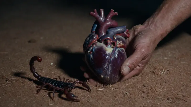Mano protectora cobija un corazón humano sobre un paisaje desértico nocturno, con un escorpión acechando cerca.