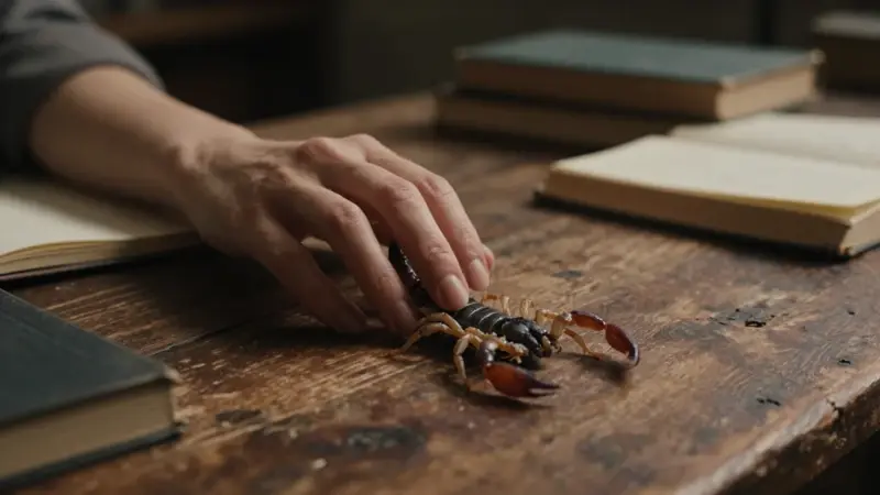 Mano femenina temblorosa acercándose a un escorpión sobre una mesa de madera desgastada, en un estudio con libros antiguos y cuadernos de sueños de fondo.