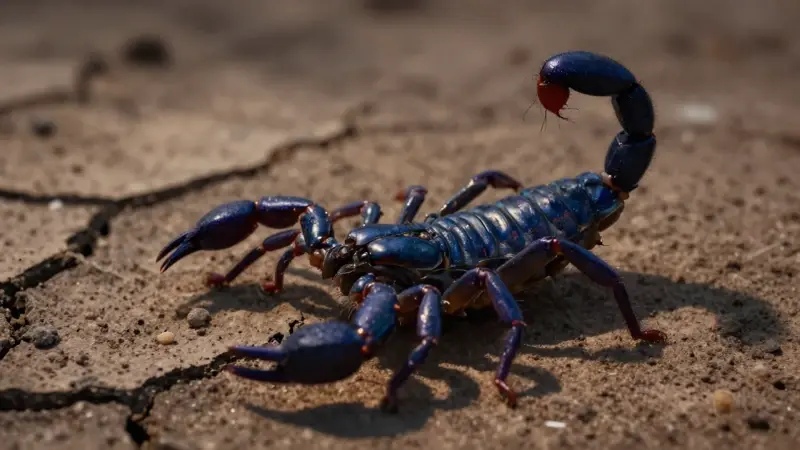 Primer plano macro de un escorpión del desierto con un exoesqueleto iridiscente en tonos índigo y negro, sobre tierra agrietada y seca.