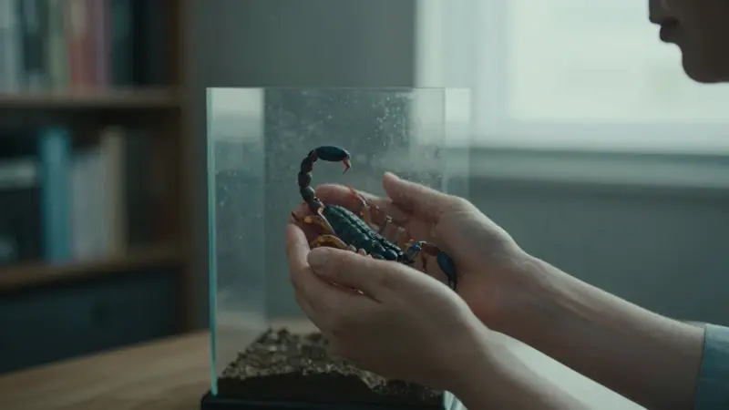 Manos sostienen un pequeño escorpión en un terrario de cristal, en un ambiente que sugiere un consultorio psicológico con estanterías borrosas al fondo.