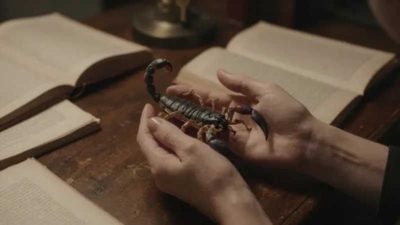 Manos sostienen delicadamente un modelo anatómico de escorpión sobre un escritorio antiguo lleno de libros de psicología y análisis de sueños.