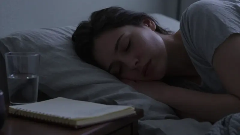 Mujer durmiendo con expresión de inquietud, en un dormitorio tenuemente iluminado y con una mesita de noche desordenada.