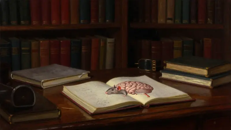 Estudio tenuemente iluminado con estanterías repletas y un escritorio antiguo, donde destaca una ilustración anatómica del cerebro de una rata bajo un foco de luz. Ambiente académico oscuro y melancólico.