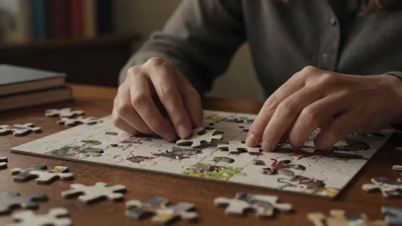 Manos ensamblando un rompecabezas con imágenes fragmentadas de ratas en un estudio con escritorio de madera y ambiente melancólico.
