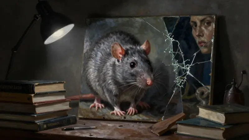 Pintura al óleo de una rata gris con mirada intensa, iluminada en un cuarto oscuro con libros de psicología y un espejo roto que refleja un rostro distorsionado.