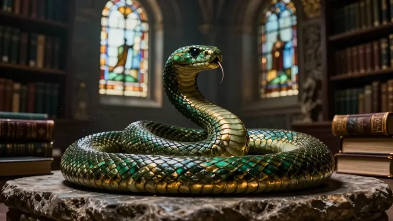 Serpiente enrollada en primer plano con una antigua biblioteca de fondo, iluminada por vitrales. Ambiente contemplativo y académico con tonos esmeralda y dorados.