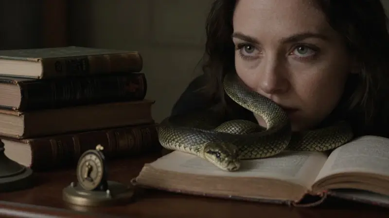 Primer plano de una mujer con una serpiente verde oscuro enrollada parcialmente en su rostro, en un estudio antiguo con libros de psicología y objetos freudianos.