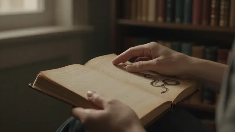Manos sobre un diario de sueños antiguo, con una serpiente sutilmente grabada en la cubierta, en una atmósfera de estudio melancólica y llena de libros sobre psicología y mitología.