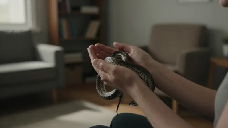 Manos sosteniendo suavemente una serpiente enrollada en un ambiente que sugiere una consulta terapéutica.