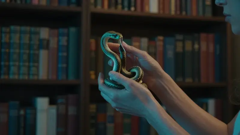 Manos sosteniendo delicadamente un modelo anatómico de serpiente enroscada, con una biblioteca antigua de psicología como fondo.