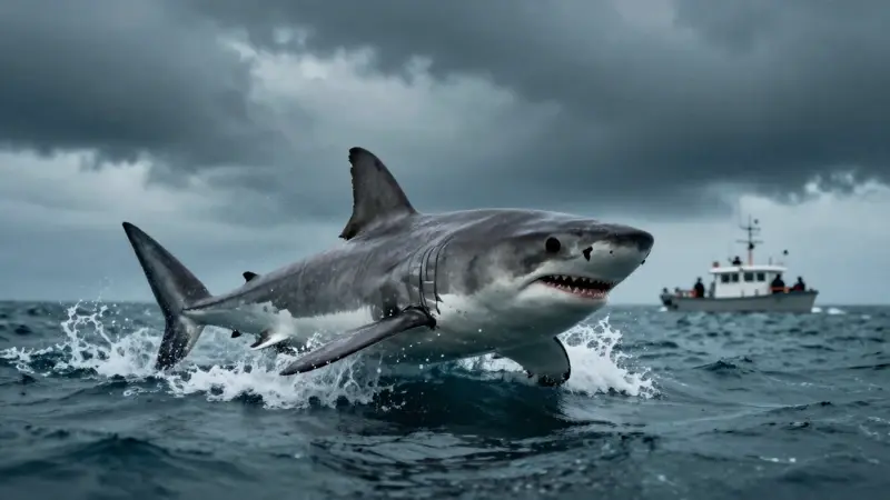 Gran tiburón blanco emergiendo del océano en un mar tormentoso con cielo nublado. Un barco de investigación se difumina en el fondo.