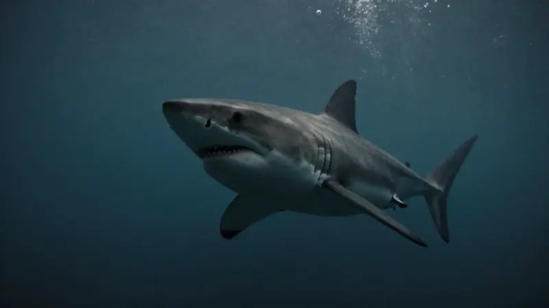 Figura sumergida en las profundidades oceánicas, con un gran tiburón blanco acercándose en la oscuridad. Ambiente inquietante y onírico.