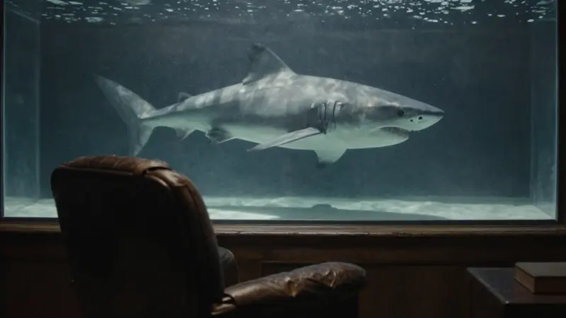 Un consultorio psicoanalítico sumergido con un gran tiburón blanco nadando en un acuario cercano a un sillón de cuero.