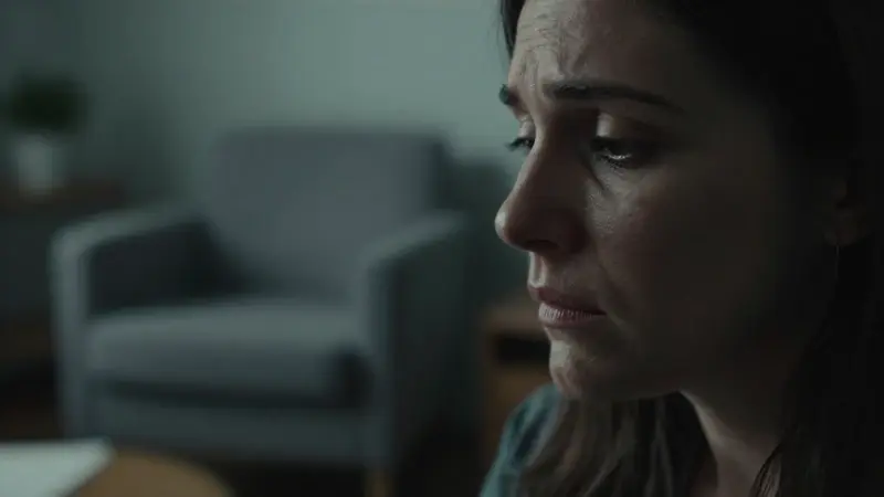Mujer con expresión de angustia, sentada en una consulta terapéutica con luz tenue y ambiente melancólico.