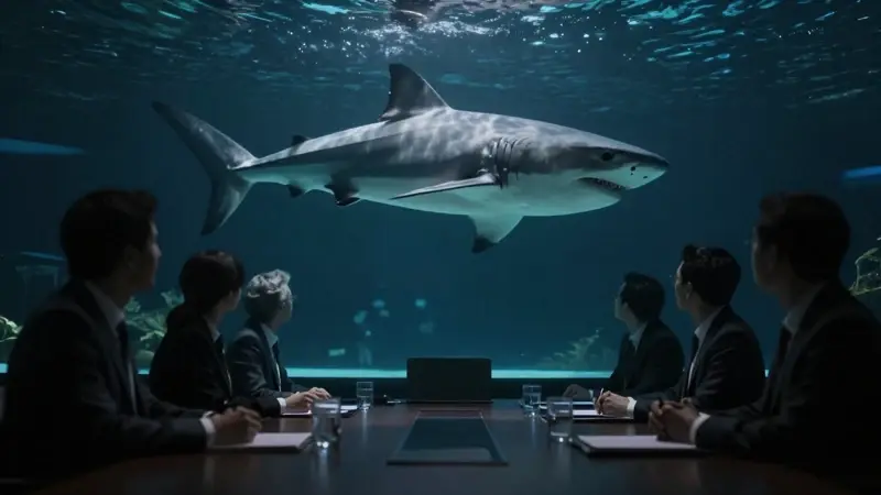 Reunión corporativa submarina: siluetas en trajes observan a un gran tiburón blanco nadando en un entorno que simula una sala de juntas dentro de un acuario.