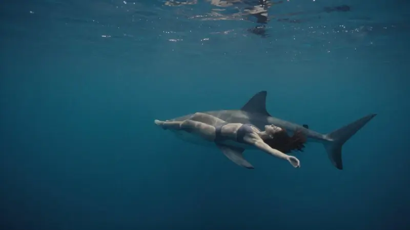 Silueta de un tiburón blanco en las profundidades marinas, con una mujer flotando serenamente observándolo desde arriba. Ambiente onírico y azulado.