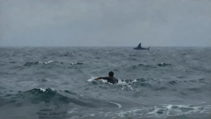 Nadador solitario en un océano Atlántico tormentoso, con la silueta de una posible aleta de tiburón a lo lejos.