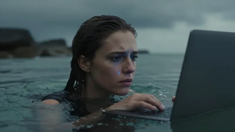 Mujer investigando sobre sueños con tiburones en un portátil, con el rostro parcialmente sumergido en agua turquesa y una expresión preocupada. Fondo con rocas costeras y cielo tormentoso.