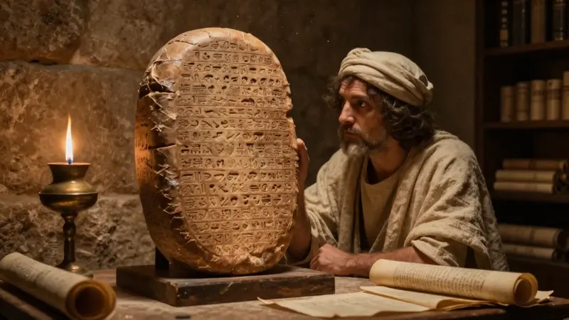 Un sabio babilónico examina una tablilla de arcilla con escritura cuneiforme a la tenue luz de una lámpara de aceite en una antigua biblioteca.