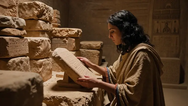 Interior de una zigurat babilónica antigua, con la sacerdotisa Mamu estudiando una tablilla de arcilla con escritura cuneiforme.