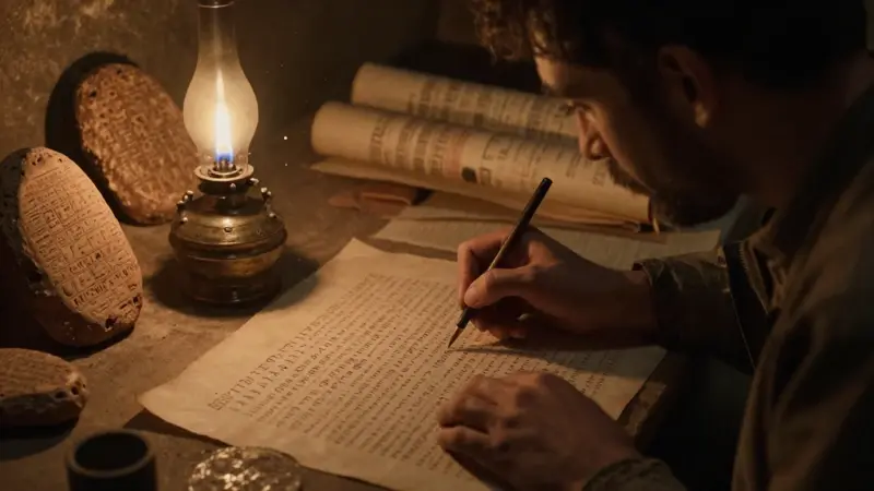 Un escriba babilónico examina meticulosamente tablillas de arcilla con escritura cuneiforme a la luz de una lámpara de aceite, en un taller tenuemente iluminado. El fondo muestra rollos de papiro antiguos.