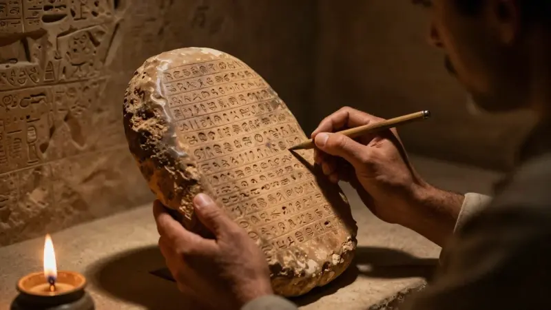Estela de arcilla babilónica con escritura cuneiforme, estudiada por un erudito a la luz de una lámpara de aceite en el interior de un zigurat.