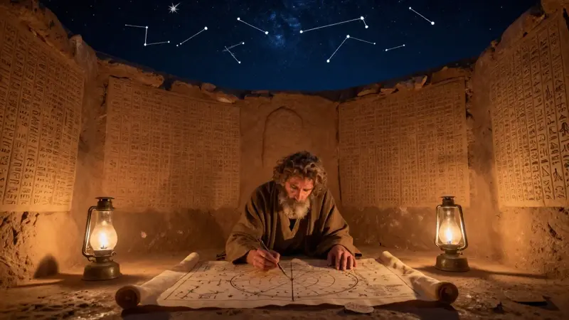 Tablillas de arcilla babilónicas con escritura cuneiforme iluminadas por lámparas de aceite, mostrando un astrólogo estudiando cartas y mapas estelares en un observatorio nocturno.