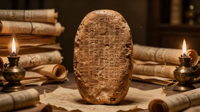 Tabla de arcilla babilónica con escritura cuneiforme en un estudio antiguo, rodeada de pergaminos y una lámpara de aceite, evocando una atmósfera académica y misteriosa.