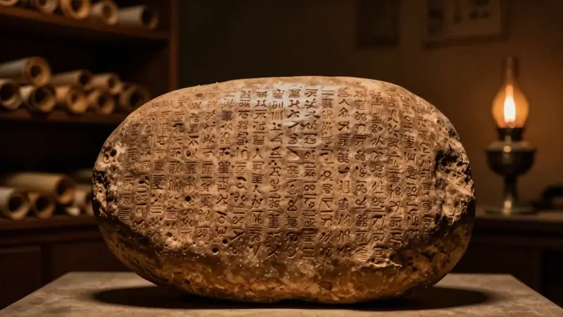 Tabla de arcilla babilónica con escritura cuneiforme, en un taller de escriba tenuemente iluminado por una lámpara de aceite.