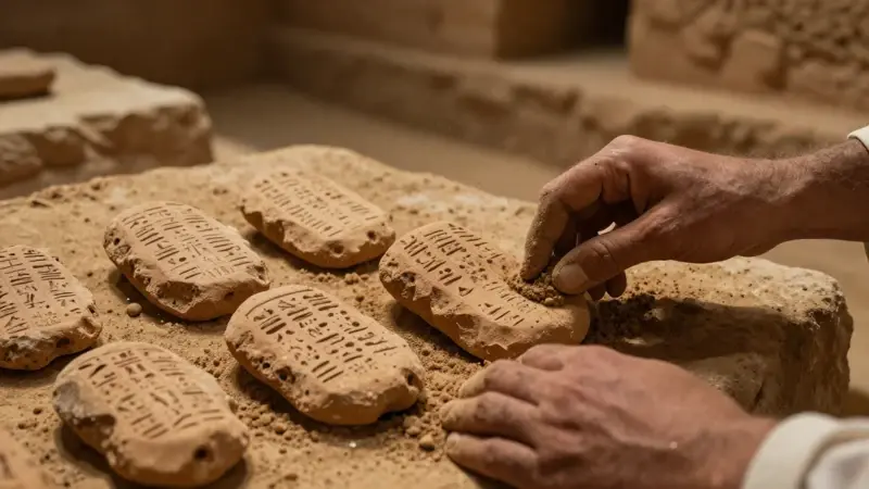 Tablillas de arcilla cubiertas con escritura cuneiforme en un sitio arqueológico tenuemente iluminado en el desierto iraquí. Manos de arqueólogo retiran cuidadosamente la tierra, revelando el antiguo registro babilónico de sueños.