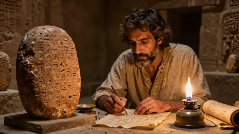Tablillas de arcilla babilónicas con escritura cuneiforme, iluminadas por una lámpara de aceite en el interior de un zigurat. Un estudioso las examina con atención.