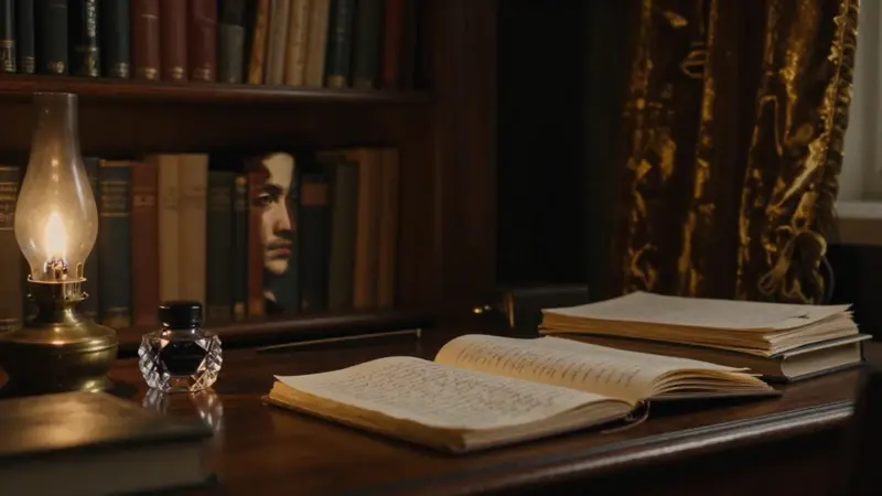 Estudio antiguo con estanterías repletas e iluminación tenue, donde un perfil humano se refleja en un tintero de cristal, evocando la introspección y el análisis de los sueños.