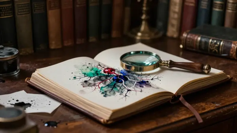 Estudio victoriano con un diario de cuero abierto y una pintura abstracta que evoca conexiones neuronales, iluminados por una luz tenue.