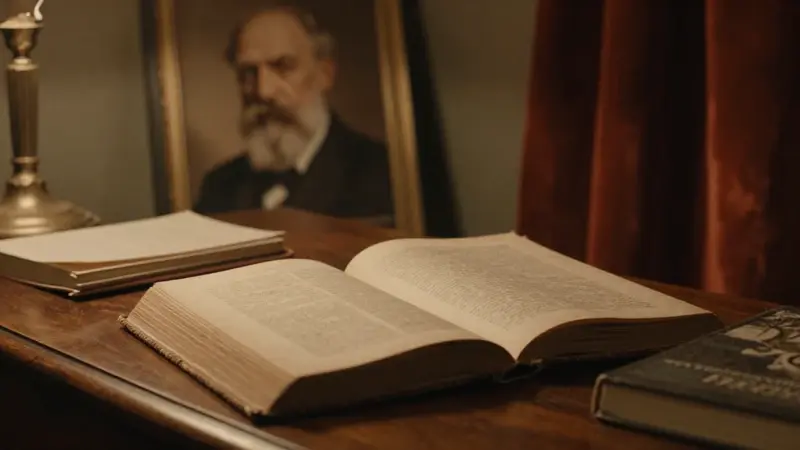 Estudio íntimo con escritorio antiguo y libro abierto, con un retrato de Sigmund Freud al fondo, evocando un ambiente psicológico y melancólico.