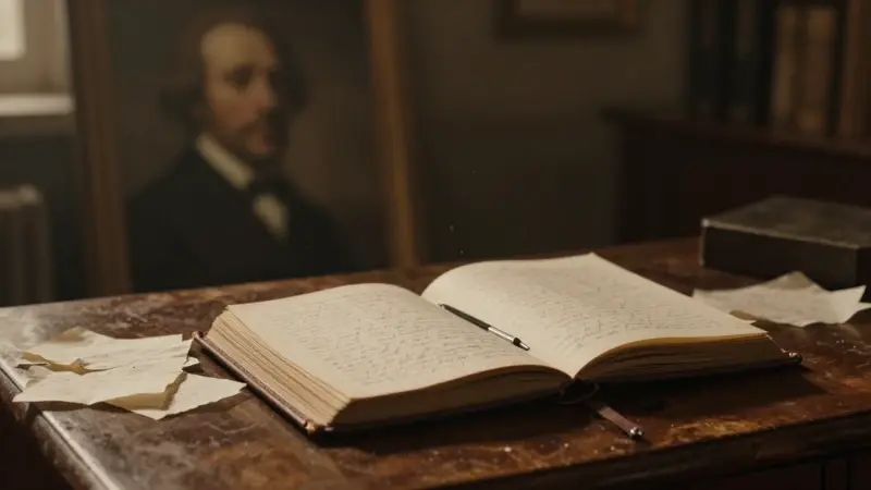 Escritorio antiguo de madera con un diario de cuero abierto y notas manuscritas, iluminado tenuemente en un ambiente íntimo y melancólico, con un retrato psicoanalítico en el fondo.