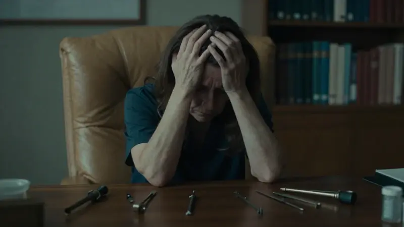 Mujer en penumbra sentada en un sillón de cuero desgastado en un consultorio clínico antiguo, rodeada de instrumentos analíticos y con una expresión incierta, evocando una atmósfera de introspección melancólica.