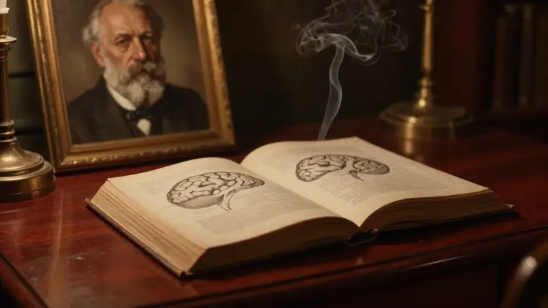Estudio íntimo con escritorio de caoba y un libro antiguo abierto mostrando ilustraciones del cerebro, al fondo un retrato de Sigmund Freud. Ambiente cálido y melancólico, evocando la interpretación psicológica de los sueños.