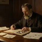 Sigmund Freud, sentado en su estudio vienés a finales del siglo XIX, analiza un libro con ilustraciones oníricas mientras toma notas sobre psicología.