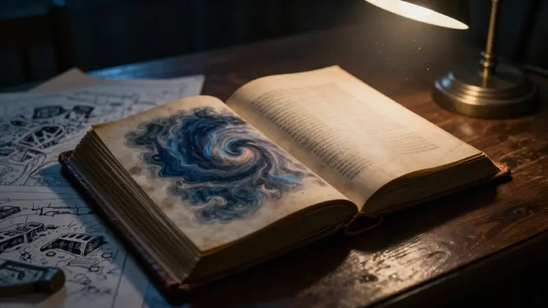 Libro antiguo de cuero abierto sobre un escritorio de roble oscuro, con la forma de un dragón insinuada en sus páginas y planos arqueológicos superpuestos, iluminado por una lámpara.