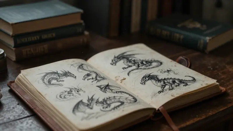 Diario de sueños antiguo abierto a un dibujo detallado de diferentes tipos de dragones, sobre un escritorio de madera en un estudio tenuemente iluminado.