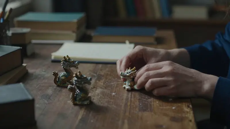 Manos femeninas colocan delicadamente pequeñas figuras de dragón sobre un escritorio de madera envejecido en un estudio con libros antiguos y diarios de sueños.