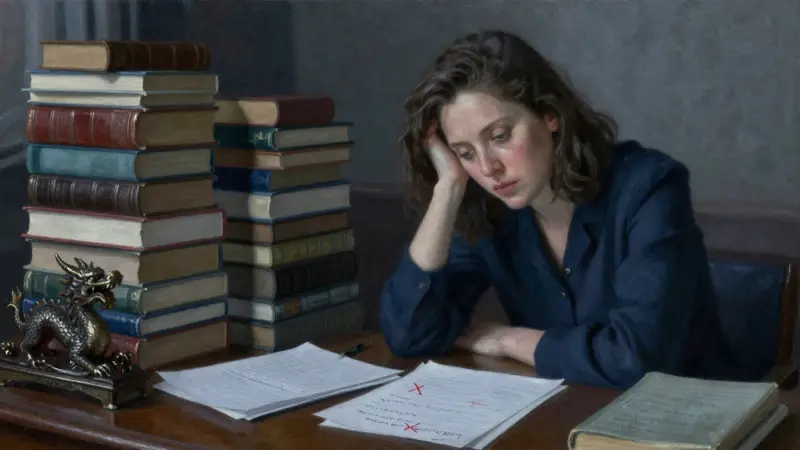 Psicólogo frustrado rodeado de libros y apuntes sobre sueños, con una estatuilla de dragón entre ellos, en un estudio tenuemente iluminado.