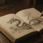 Estudio antiguo con un diario de sueños abierto y un dibujo a tinta de un dragón saliendo del humo.