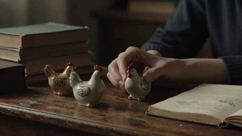 Manos colocando delicadamente figuritas de cerámica de gallinas sobre un escritorio de madera antiguo, rodeado de libros y un diario con bocetos.