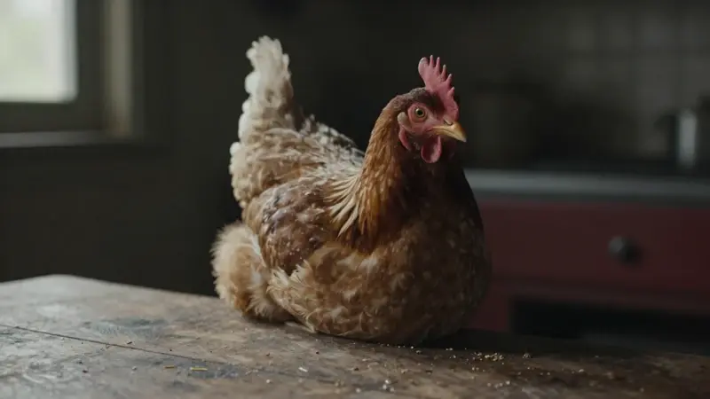 Gallina con plumaje erizado en una cocina rústica y tenuemente iluminada, con grano esparcido sobre una mesa de madera desgastada.