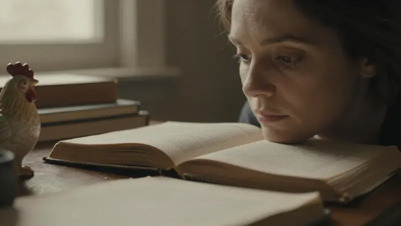 Mujer pensativa en un estudio lleno de libros sobre análisis de sueños, con una figurita de cerámica de una gallina sobre el escritorio.